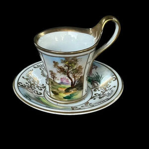Vintage Hand Painted Porcelain Landscape Cup and Saucer Gold Trim